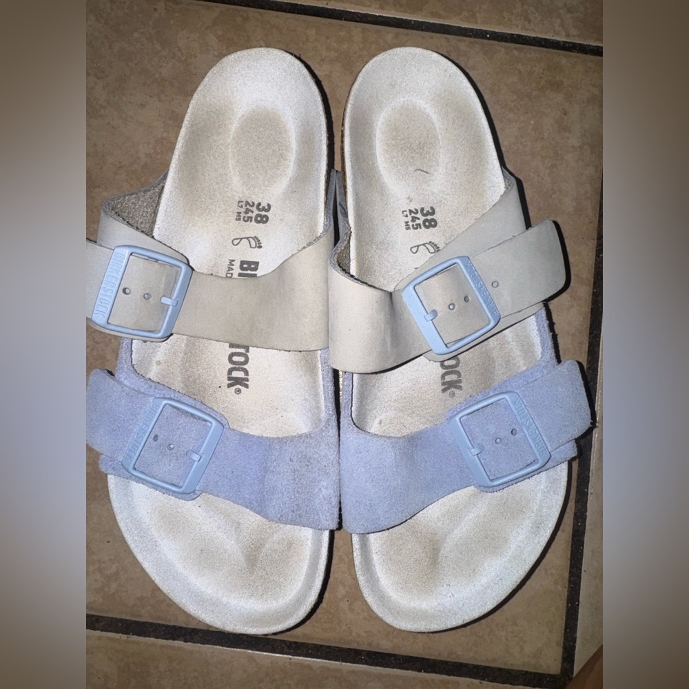 Birkenstock Two-Strap Suede Sandals in Light Gray and Lavender